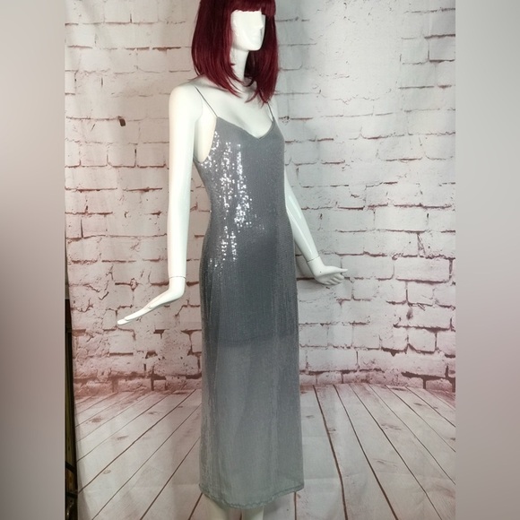 ZARA Degrade Silver Shimmer Sequin Midi Slip Dress Size XS NEW WITH TAGS - Picture 6 of 16